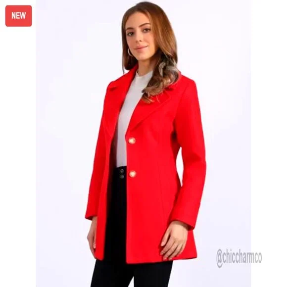 Women's Wool Pea Coat Notched Collar Single Breasted Winter Outerwear